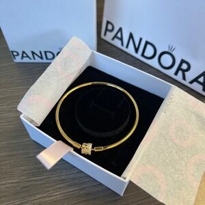 New PANDORA 14k Gold Plated Sparkle Barrel Clasp Bangle 563931C01 7.5in / 19cm